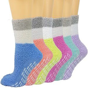 Womens Fuzzy Crew Socks Plush Slipper Non-Slip 6Pk